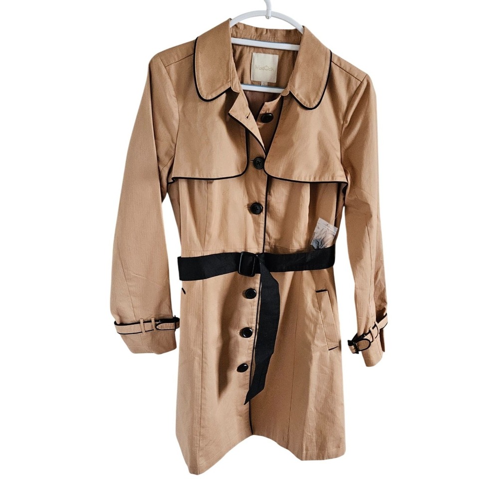 ModCloth Woman SZ L  NWOT Tan/Black Trim Belted Button Up Light Weight Lined